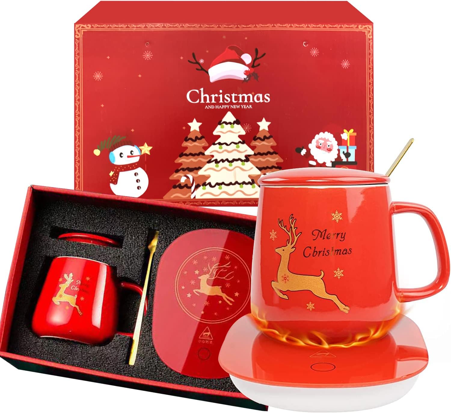 Chauffe-Tasse Rouge Noël : Tasse en céramique, plaque chauffante avec couvercle, cuillère dorée, boîte cadeau, arrêt automatique.