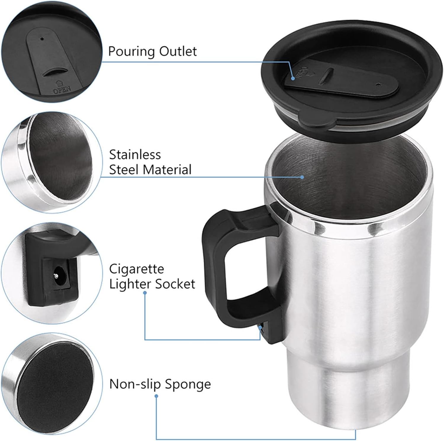 Tasse Chauffante Électrique 12V 450ml pour Voiture - Isolée, Acier Inoxydable – Image 3