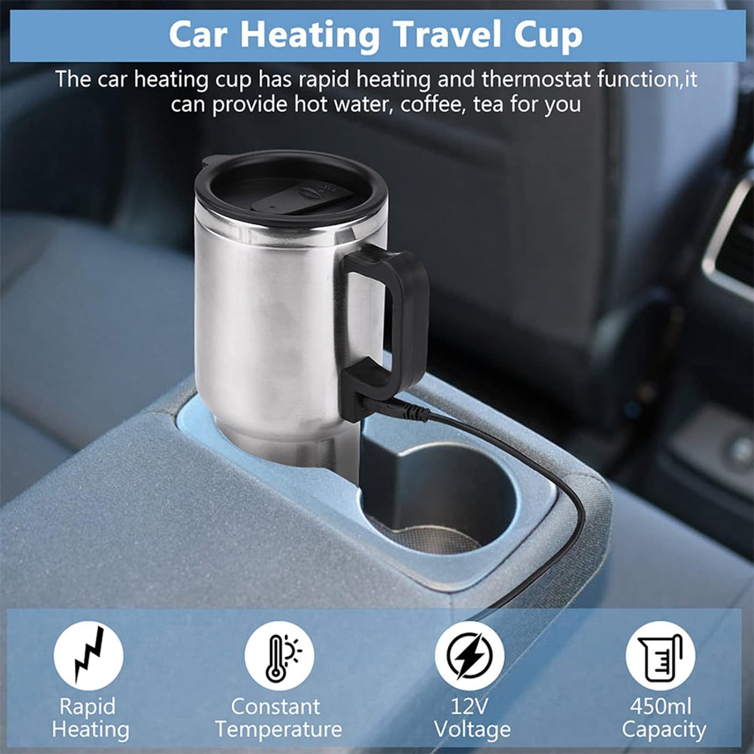 Tasse Chauffante Électrique 12V 450ml pour Voiture - Isolée, Acier Inoxydable – Image 2
