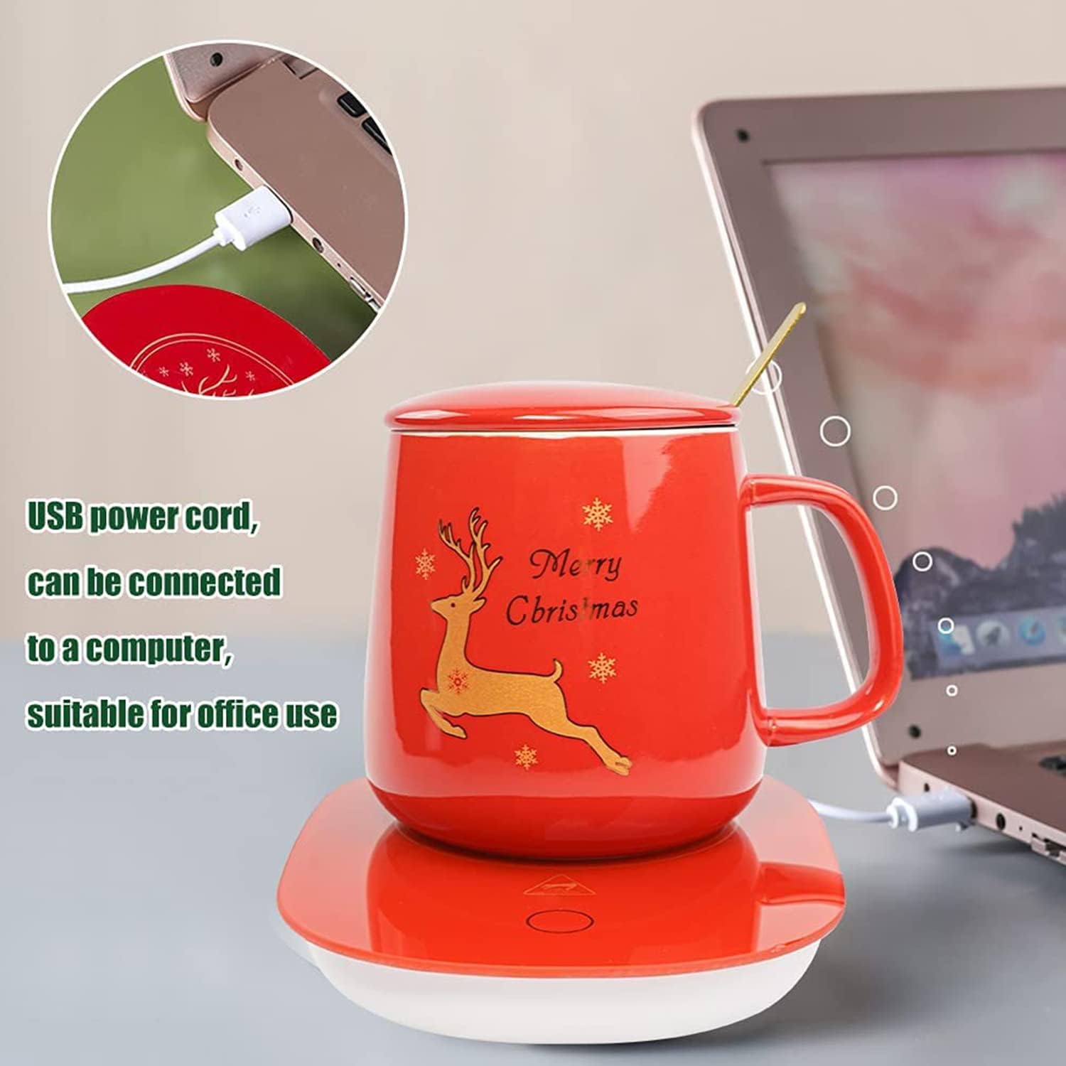 Chauffe-Tasse Rouge Noël : Tasse en céramique, plaque chauffante avec couvercle, cuillère dorée, boîte cadeau, arrêt automatique. – Image 2