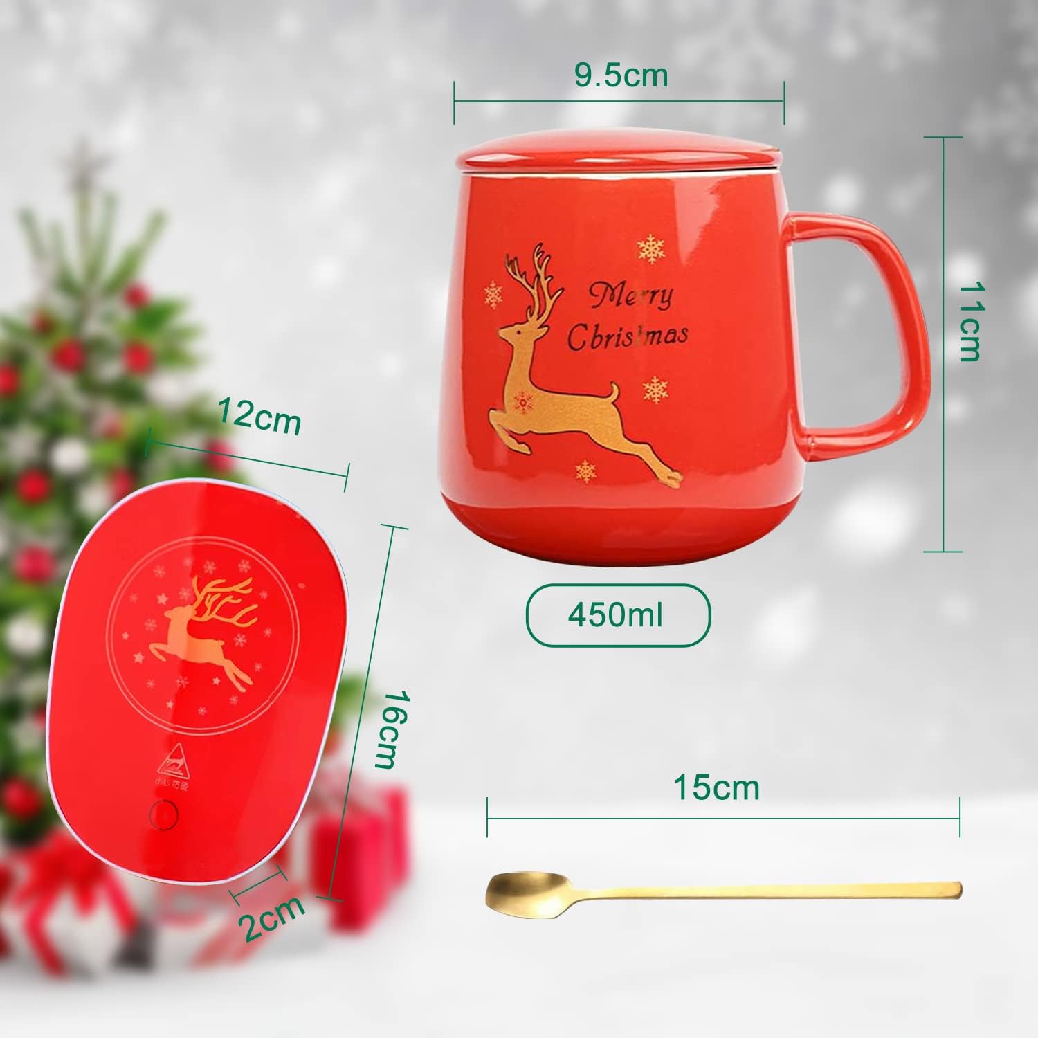 Chauffe-Tasse Rouge Noël : Tasse en céramique, plaque chauffante avec couvercle, cuillère dorée, boîte cadeau, arrêt automatique. – Image 3