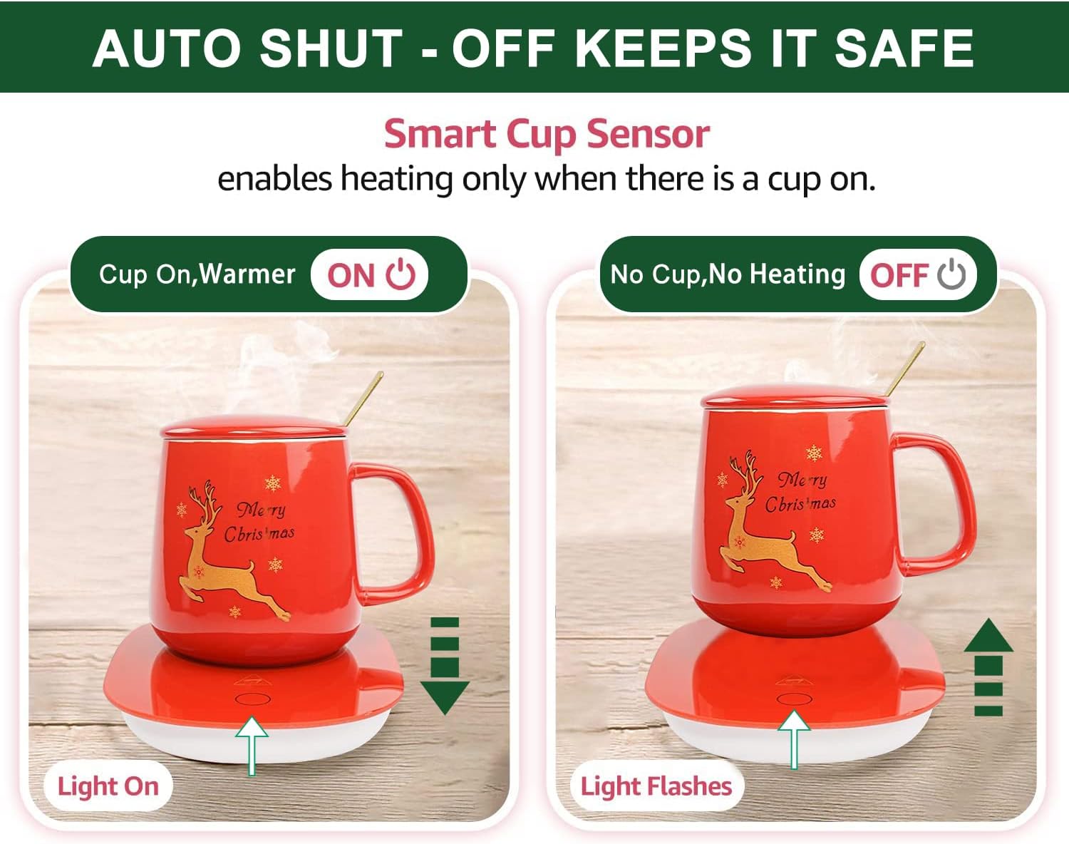 Chauffe-Tasse Rouge Noël : Tasse en céramique, plaque chauffante avec couvercle, cuillère dorée, boîte cadeau, arrêt automatique. – Image 5