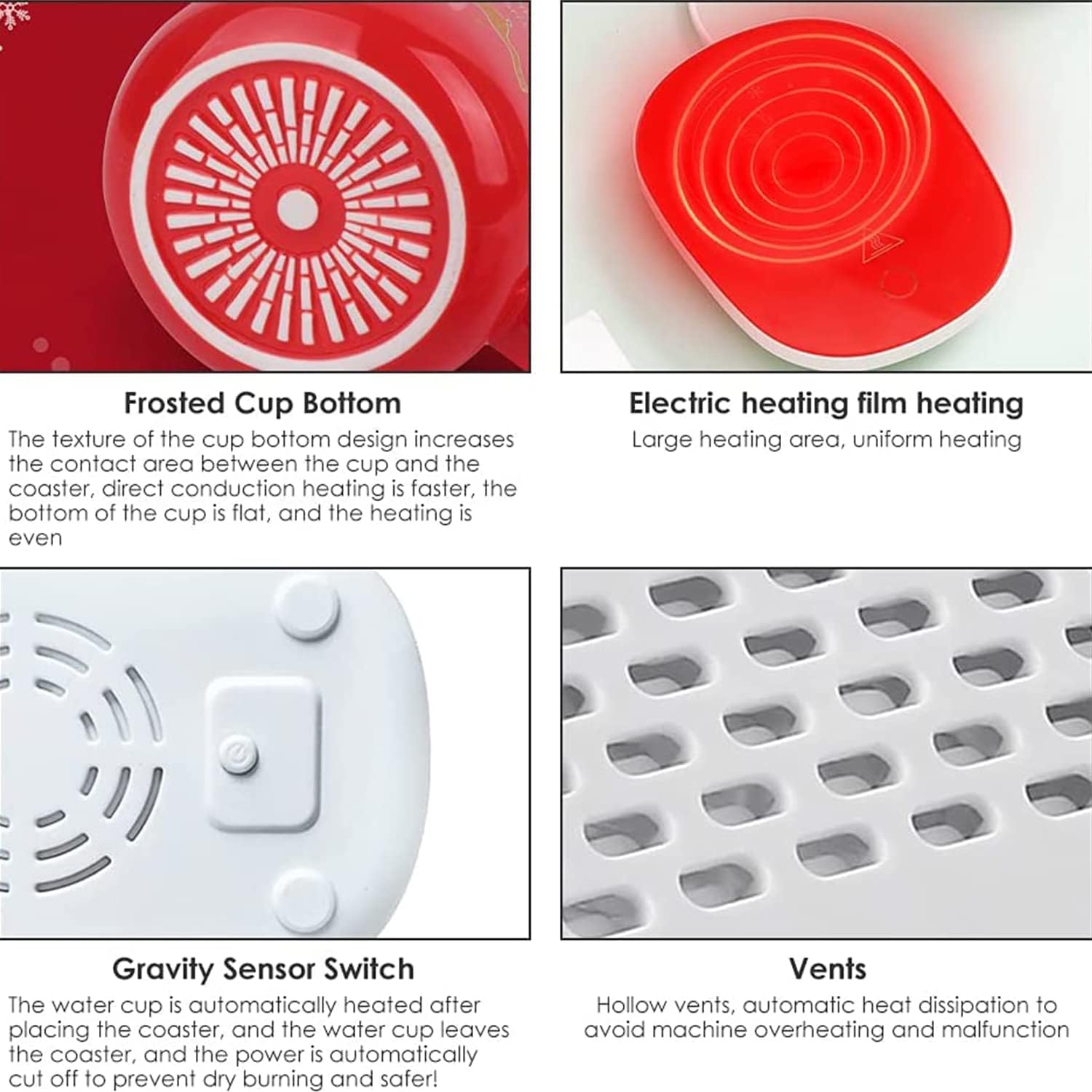 Chauffe-Tasse Rouge Noël : Tasse en céramique, plaque chauffante avec couvercle, cuillère dorée, boîte cadeau, arrêt automatique. – Image 4