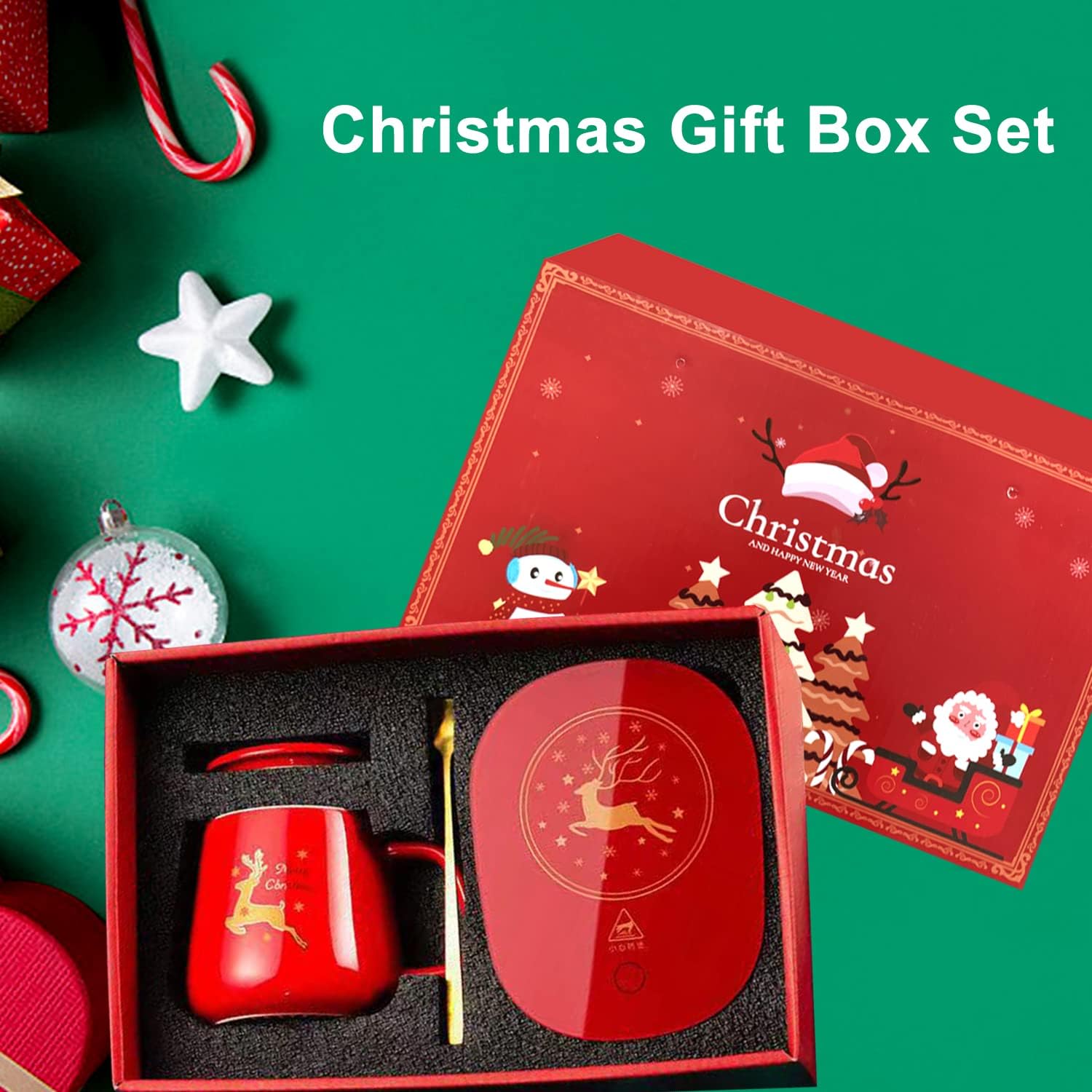 Chauffe-Tasse Rouge Noël : Tasse en céramique, plaque chauffante avec couvercle, cuillère dorée, boîte cadeau, arrêt automatique. – Image 7