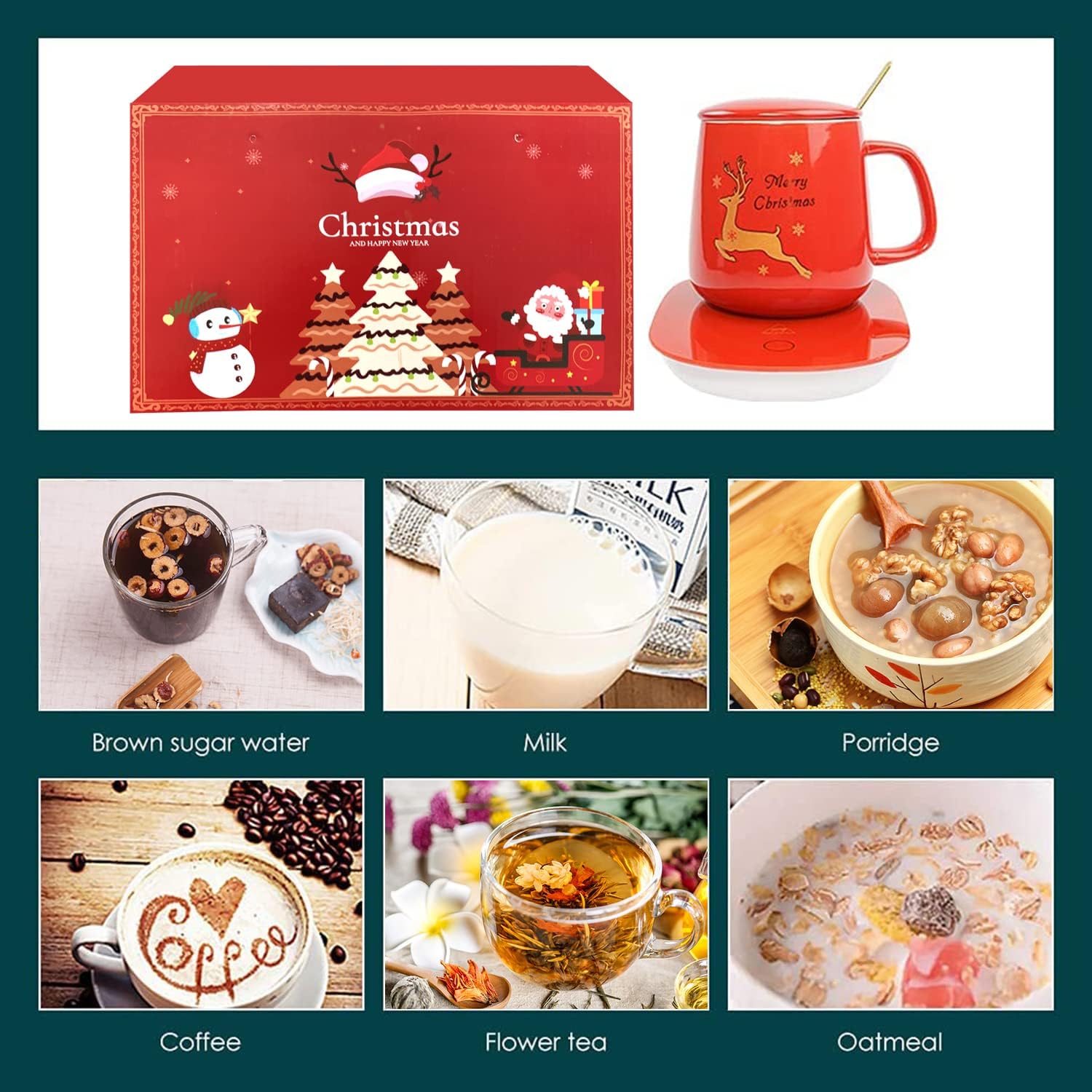 Chauffe-Tasse Rouge Noël : Tasse en céramique, plaque chauffante avec couvercle, cuillère dorée, boîte cadeau, arrêt automatique. – Image 6
