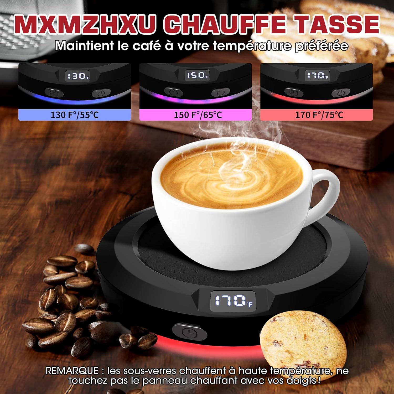 Chauffe Tasse Électrique MXMZHXU : 3 Niveaux de Température, Arrêt Automatique 2-12h, idéal pour Thé, Lait, Eau (Noir) – Image 2
