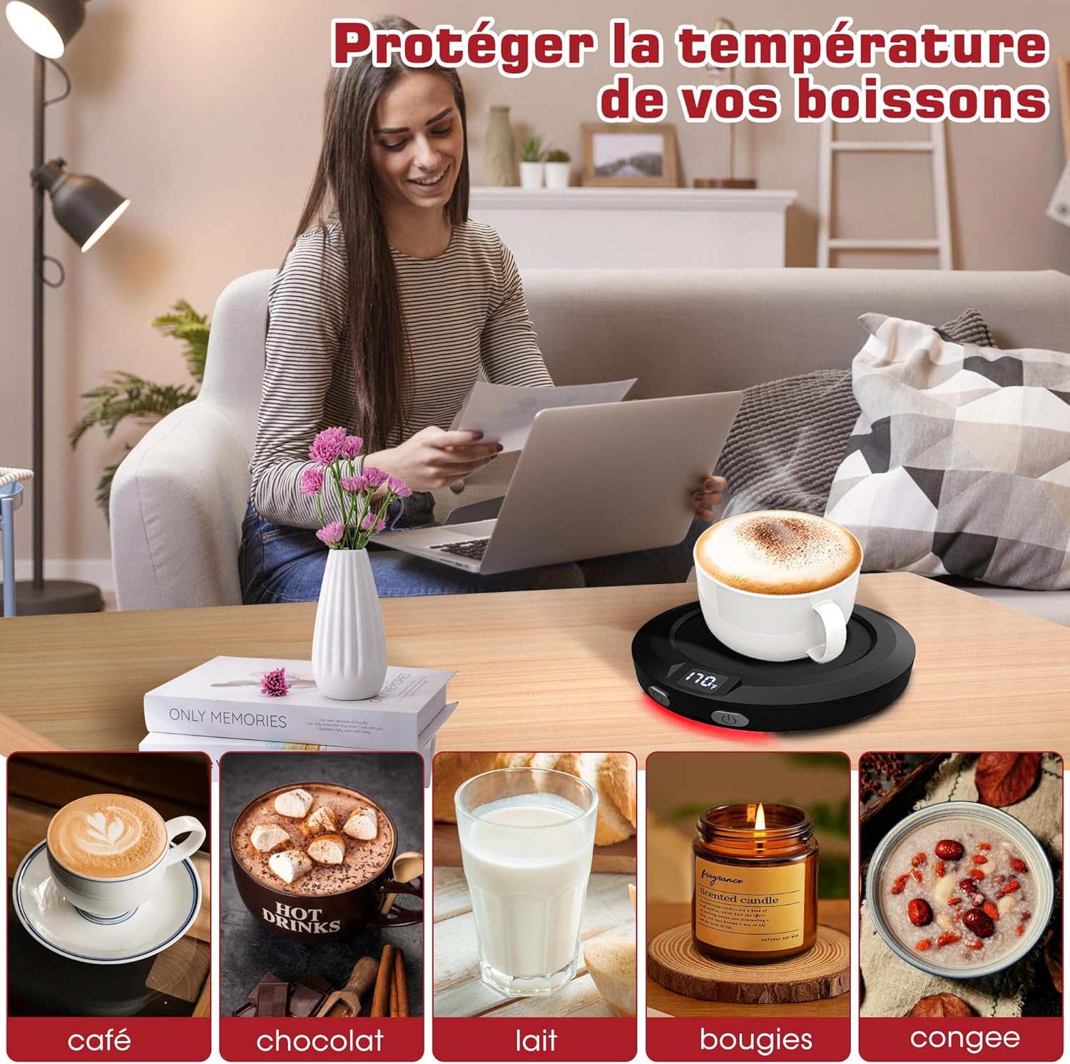 Chauffe Tasse Électrique MXMZHXU : 3 Niveaux de Température, Arrêt Automatique 2-12h, idéal pour Thé, Lait, Eau (Noir) – Image 5